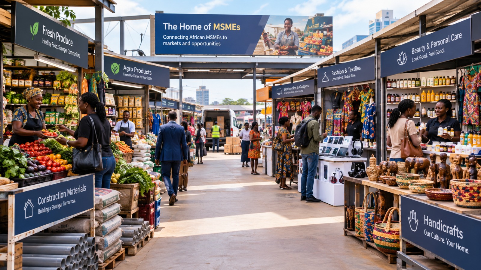 African MSME merchants, buyers and products in a vibrant marketplace
