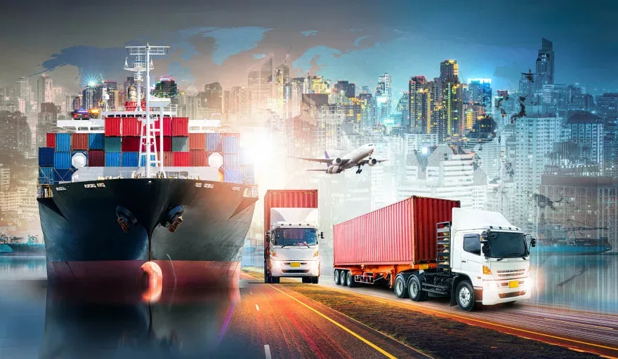 Cargo ship, airplane and freight trucks moving goods between African cities